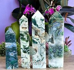 Wholesale Lot 3-4pcs Lg Natural Moss Agate Obelisk Tower Point Crystal 5.9-6lbs