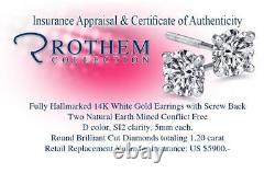 Womens Wedding Birthday 1.20 CT D SI2 Diamond Earrings 14K White Gold 54853314